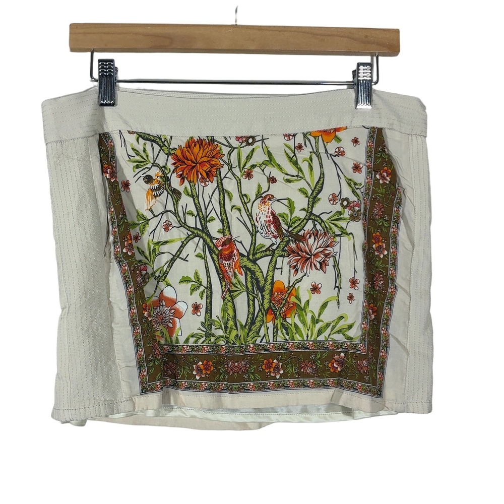 Pull&Bear Scarf Print Floral Bird Mini Skirt Cream Boho Botanical Size L